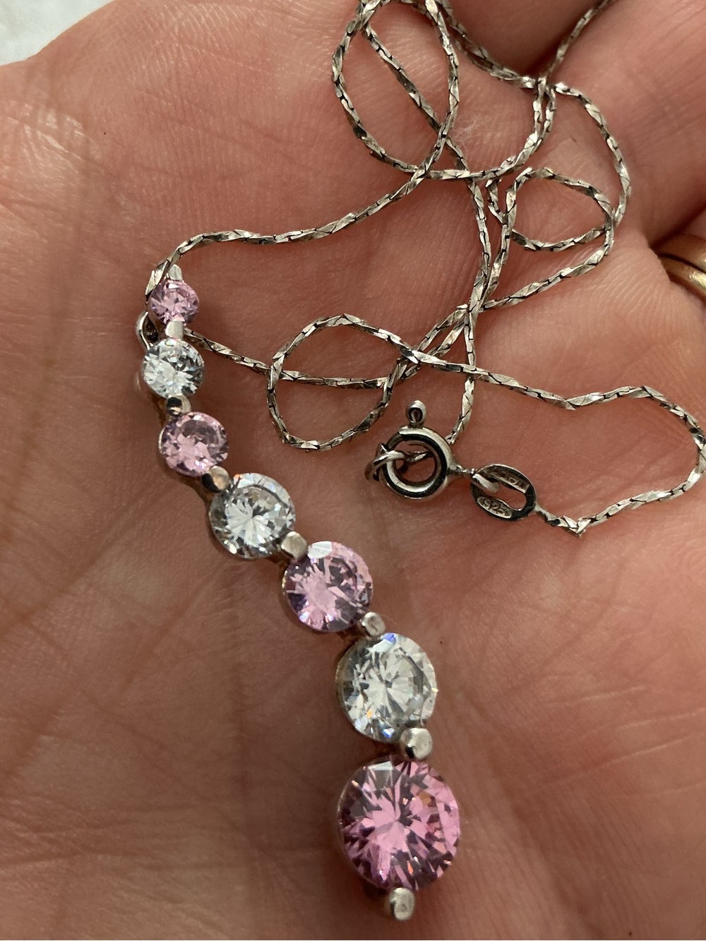925 Italy Pink White Brilliant Cut Cubic Zirconia Graduating Drop Necklace
